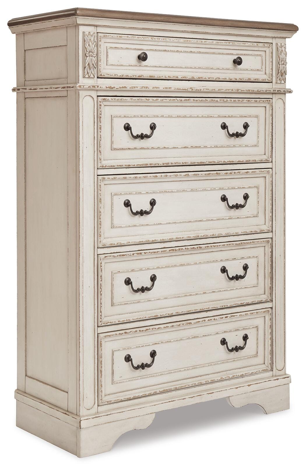 Realyn Chipped White Chest and 2 Nightstands