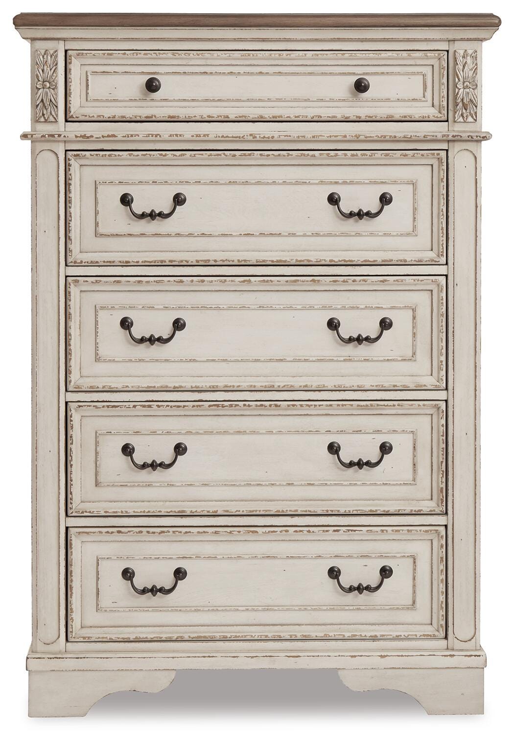 Realyn Chipped White Queen Upholstered Panel Bed, Dresser, Mirror and Chest