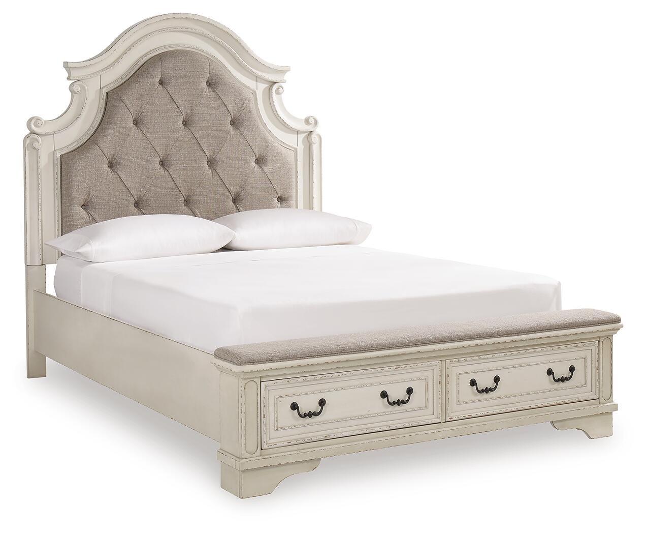 Realyn Chipped White Queen Upholstered Panel Bed, Dresser, Mirror and Chest
