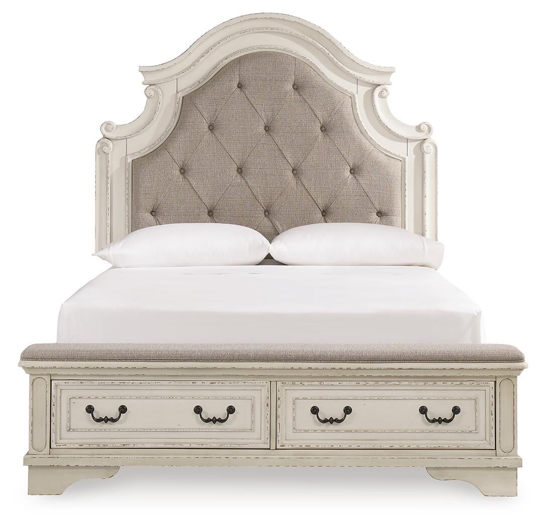 Realyn Chipped White Queen Upholstered Panel Bed, Dresser, Mirror and Chest