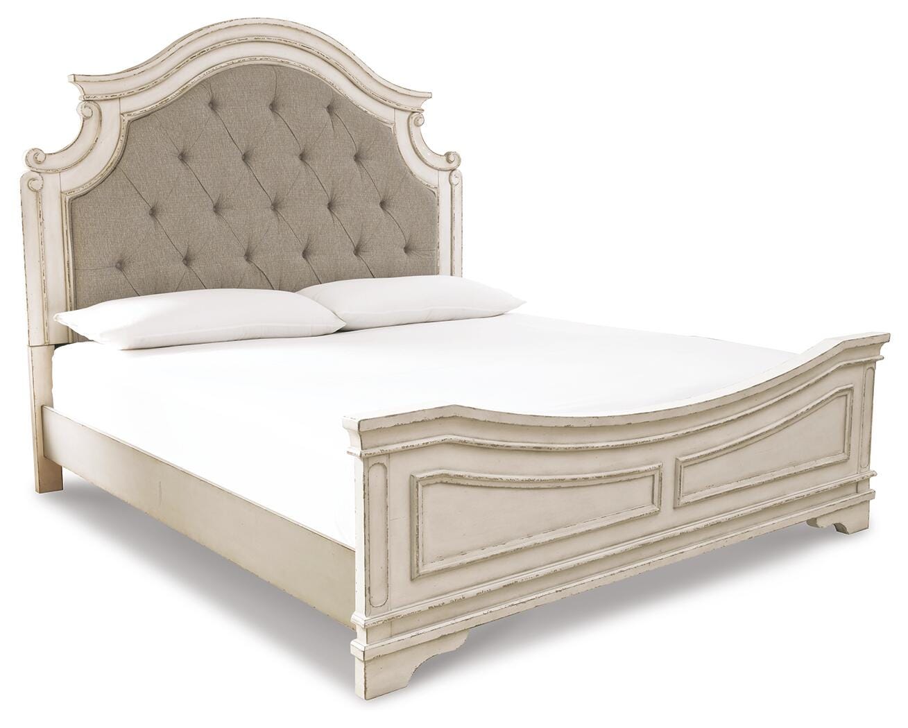 Realyn Chipped White King Upholstered Panel Bed, Dresser and Nightstand