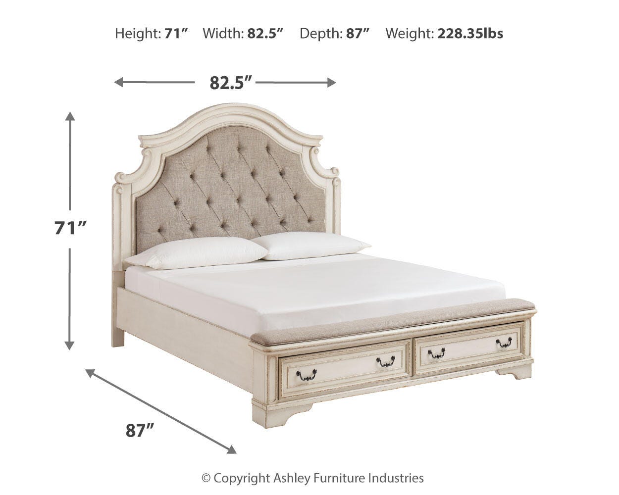 Realyn Chipped White King Storage Bed, Dresser, Mirror, Chest, Vanity with Stool and 2 Nightstands