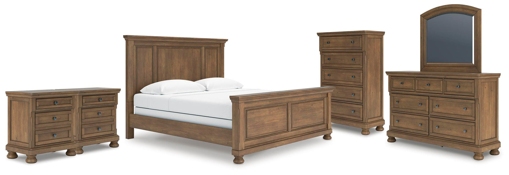 Feddinger Medium Brown King Panel Bed, Dresser, Mirror, Chest and 2 Nightstands