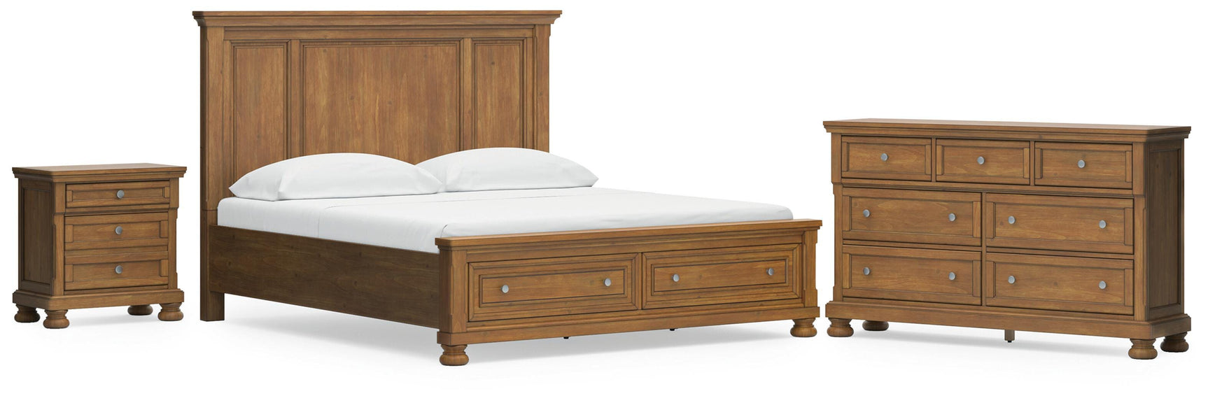Feddinger Medium Brown California King Panel Storage Bed, Dresser and Nightstand
