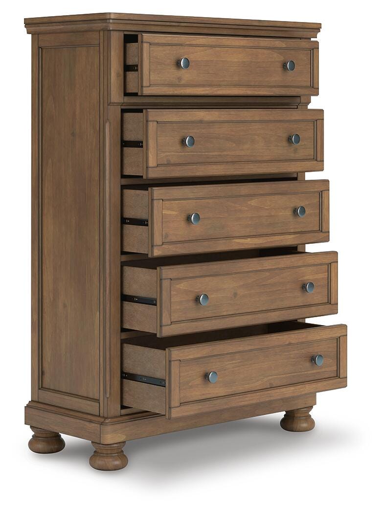Feddinger Medium Brown King Panel Bed, Dresser, Mirror, Chest and 2 Nightstands