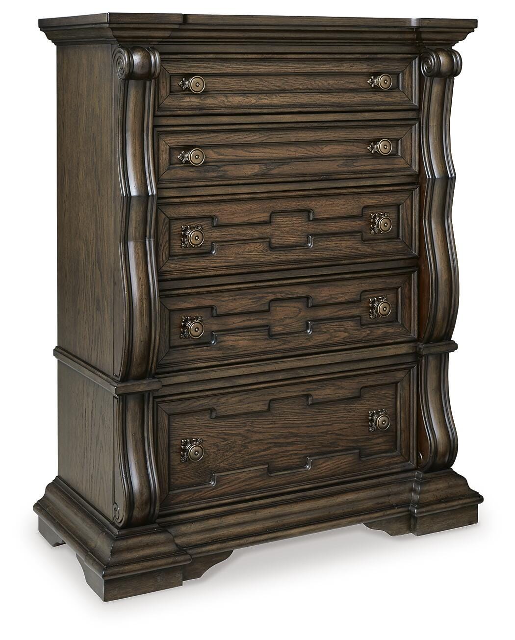 Maylee Dark Brown King Panel Bed, Dresser, Mirror, Chest and Nightstand (Online Special Price)