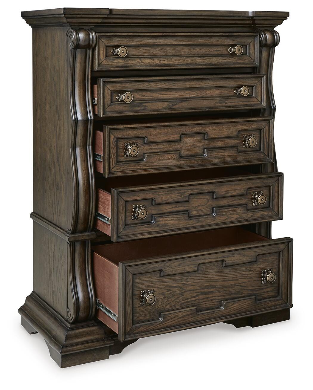 Maylee Dark Brown King Panel Bed, Dresser, Mirror, Chest and Nightstand (Online Special Price)