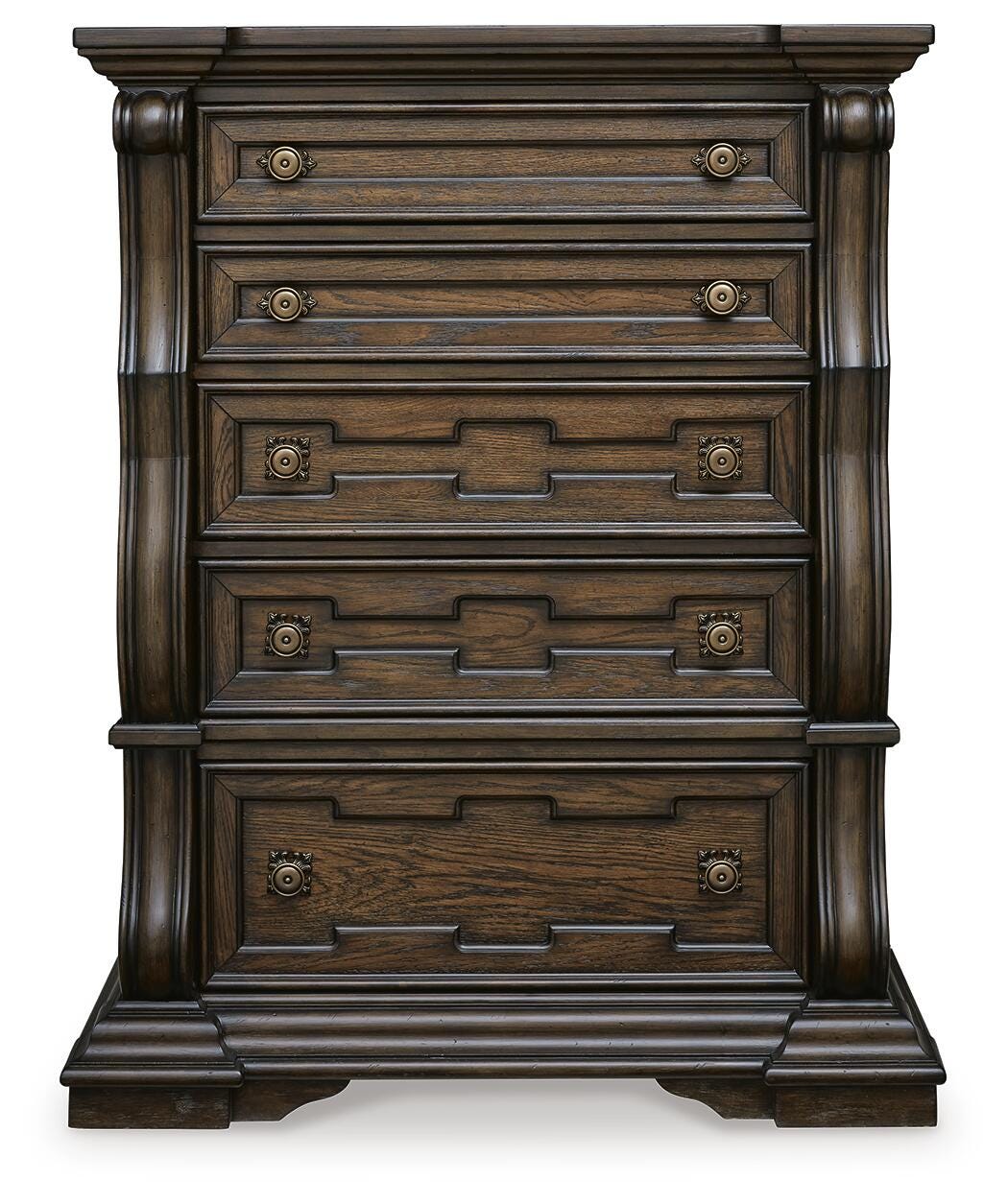Maylee Dark Brown King Panel Bed, Dresser, Mirror, Chest and Nightstand (Online Special Price)