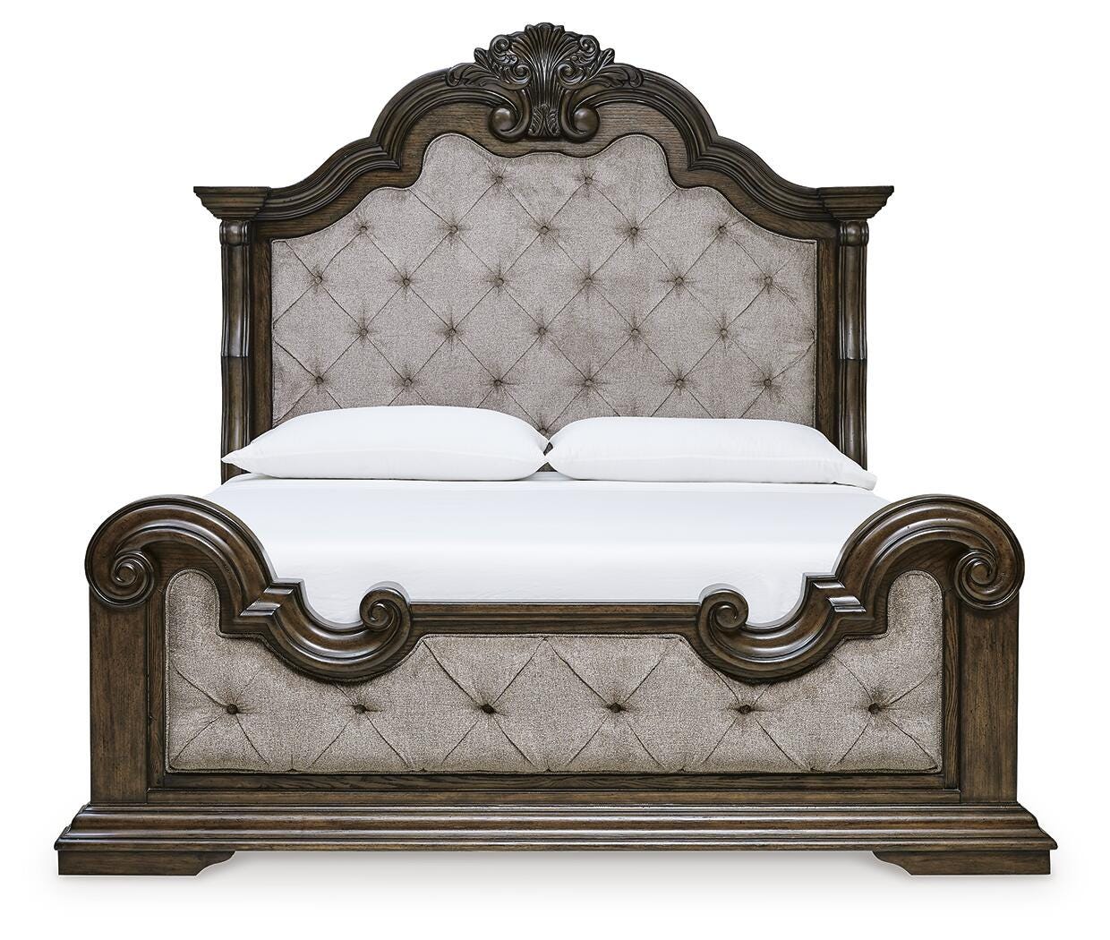 Maylee Dark Brown King Upholstered Panel Bed and Dresser (Online Special Price)