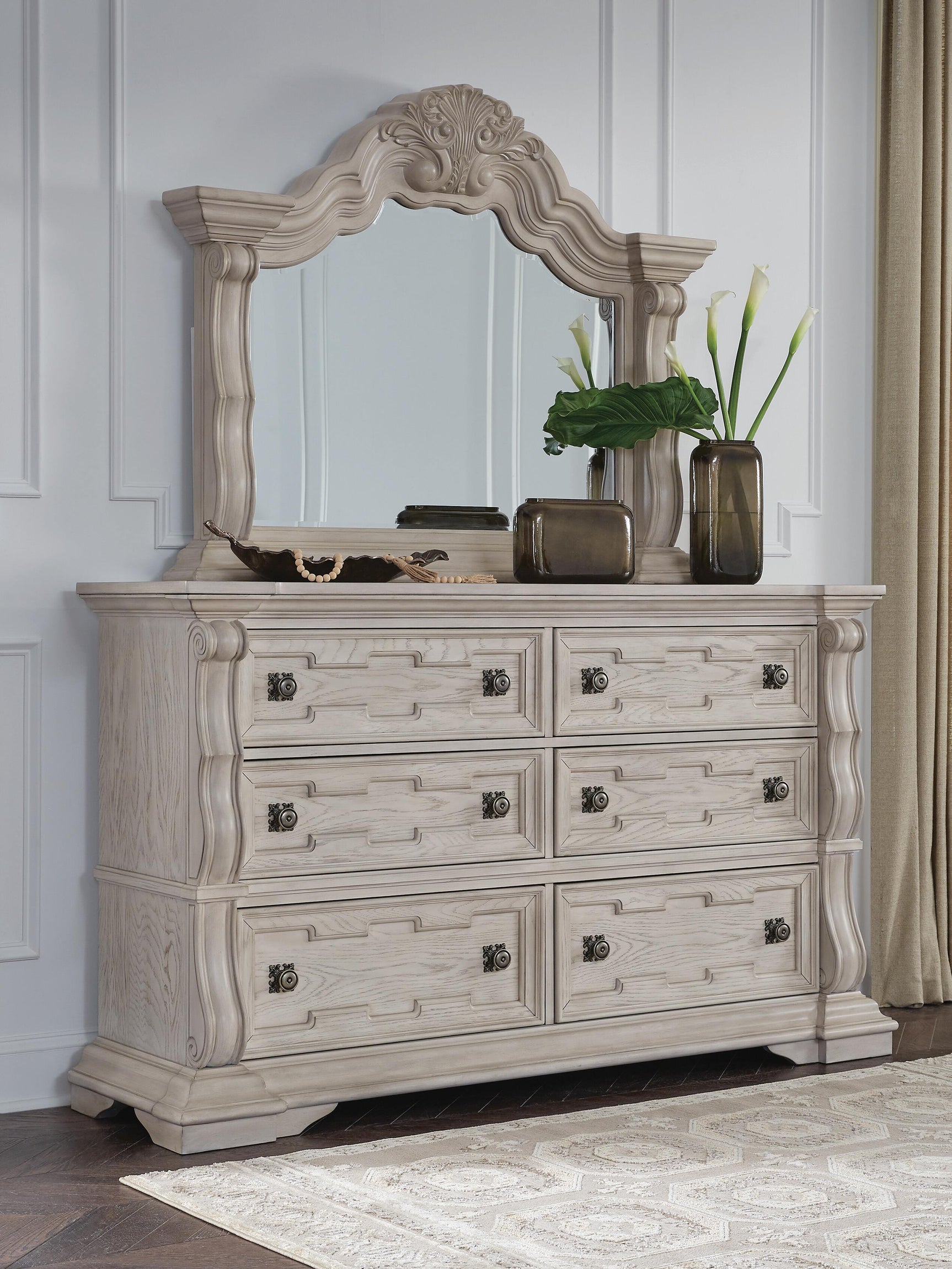 Andonhall Antique White Dresser and Mirror