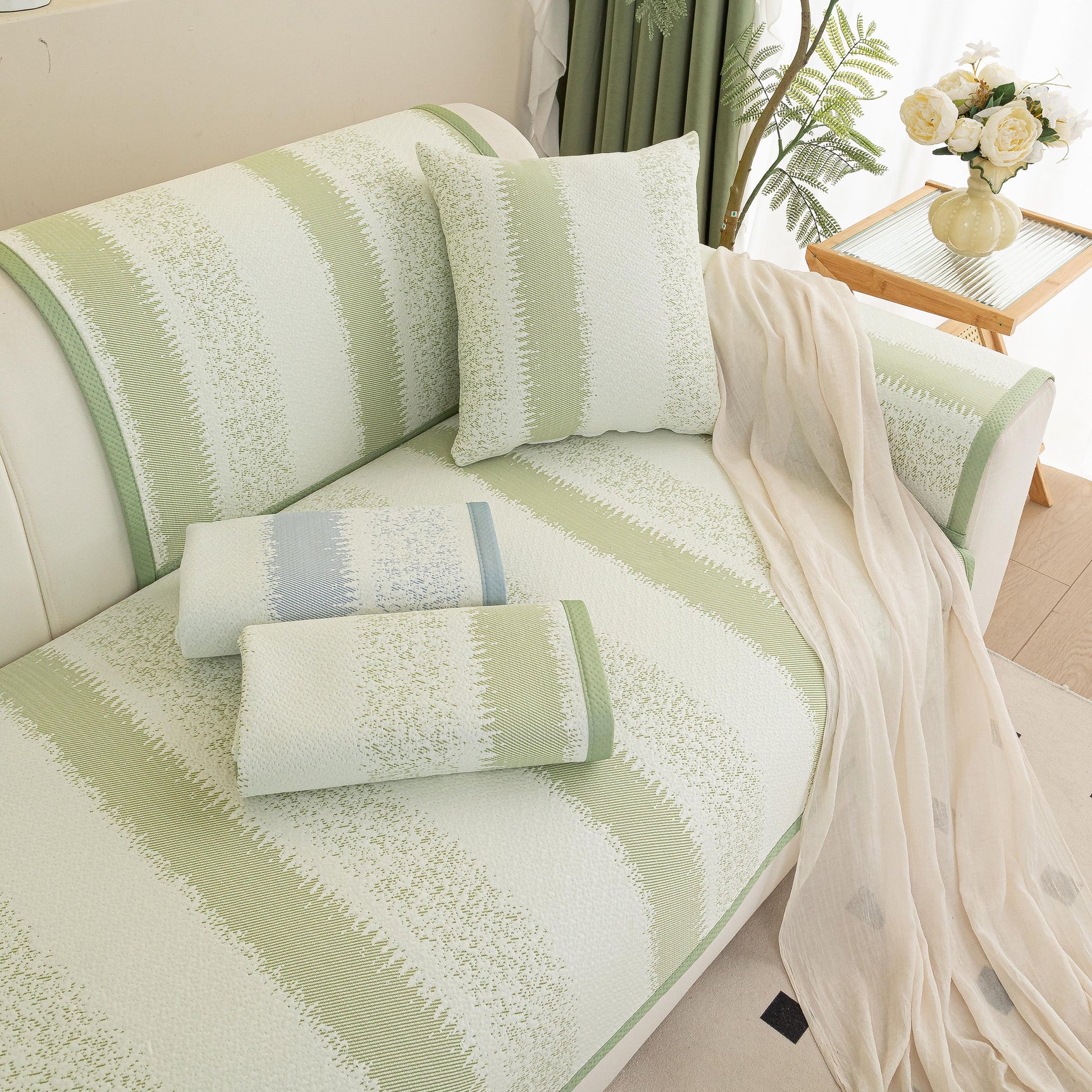Striped Non-Slip Cooling Couch Cover, Summer Couch Pads for Seat Back Armrest