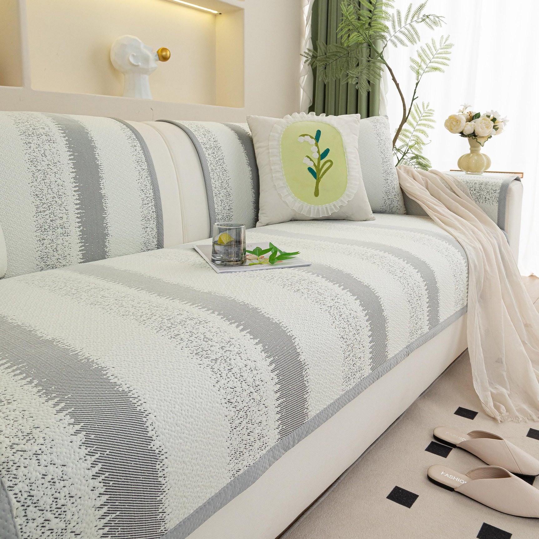 Striped Non-Slip Cooling Couch Cover, Summer Couch Pads for Seat Back Armrest