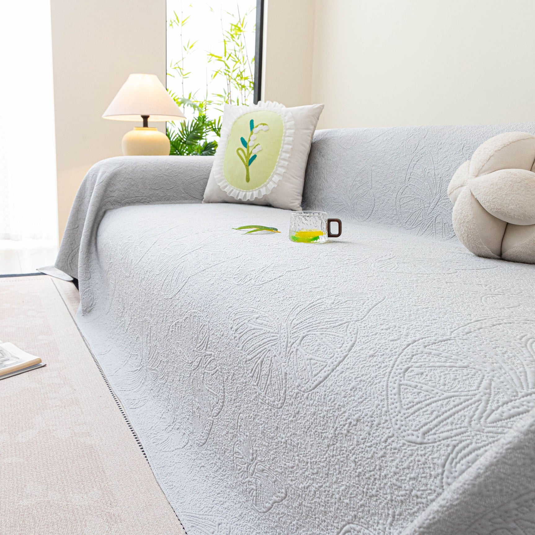 Cooling Embossed Botanical Couch Cover, Soft Ice Silk Furniture Protector for Sofa