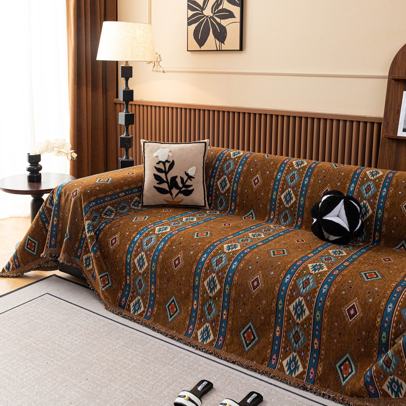 Southwestern Boho Woven Tribal Sofa Cover Blanket, Rustic Farmhouse Couch Throw Cover