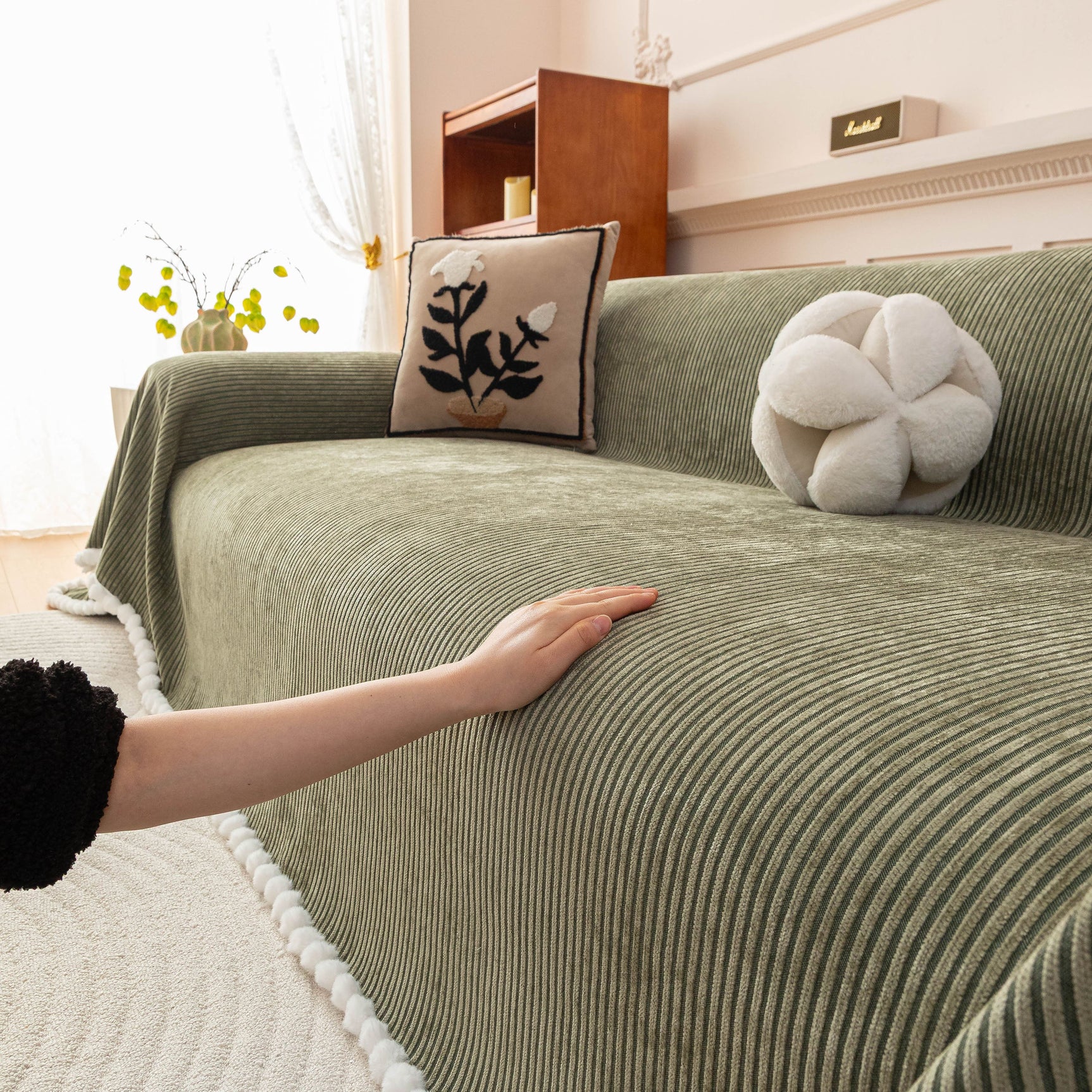 Textured Striped Cozy Couch Cover Throw Blanket with Pom Pom Trim for Sectional Sofa