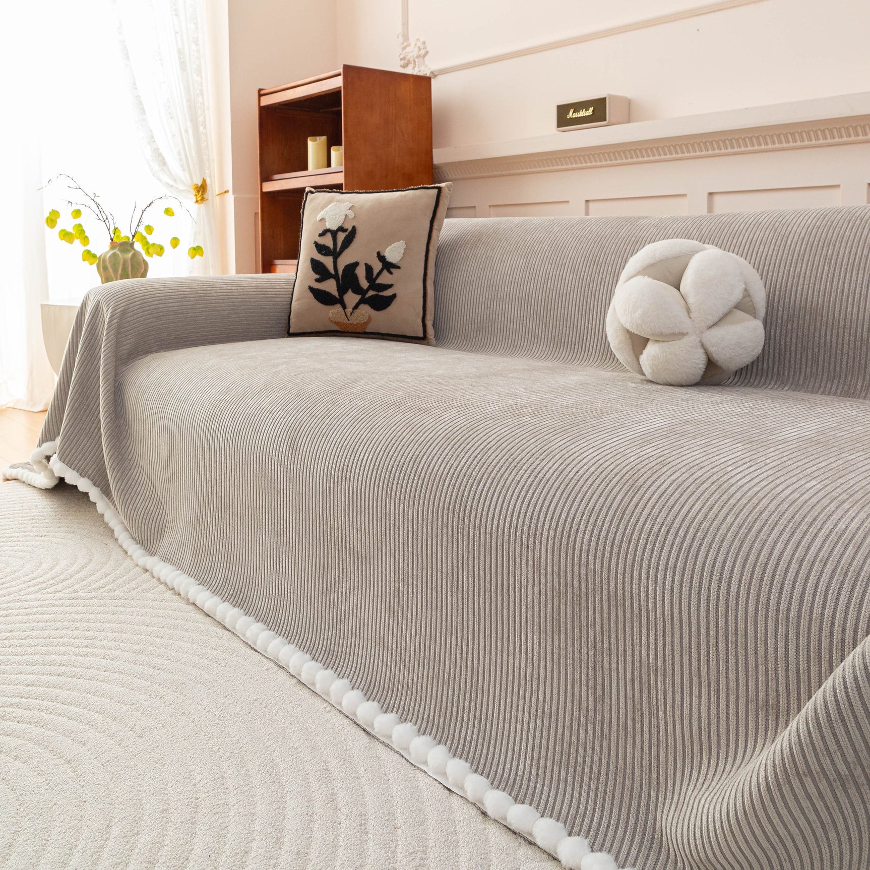 Textured Striped Cozy Couch Cover Throw Blanket with Pom Pom Trim for Sectional Sofa