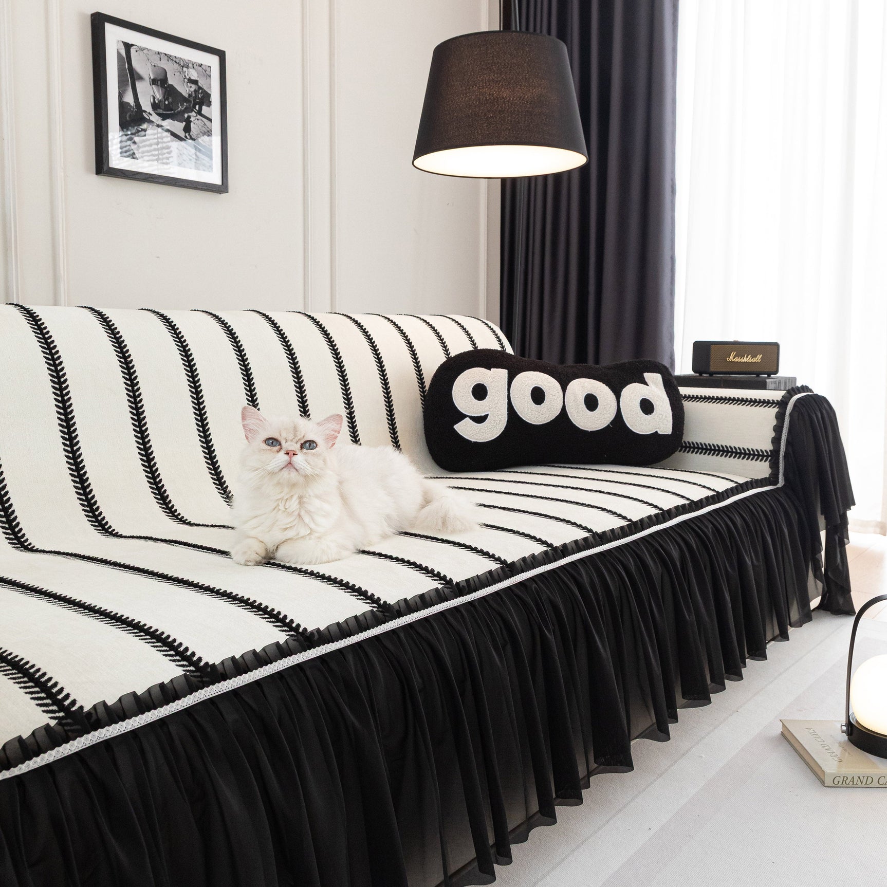 Leaf Stripe Sofa Cover with Black Sheer Skirt, Boho Soft Couch Slipcover for Pets