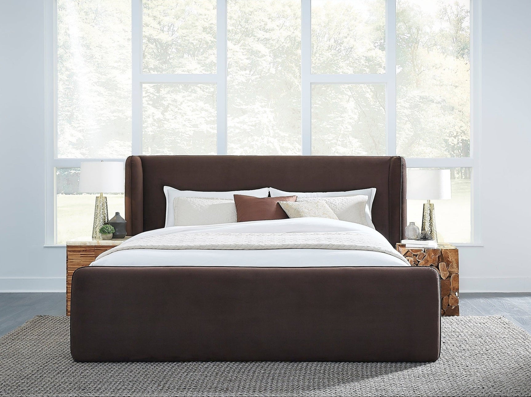 Bacall Velvet Eastern King Upholstered Wingback Platform Bed in Cola - Ornate Home