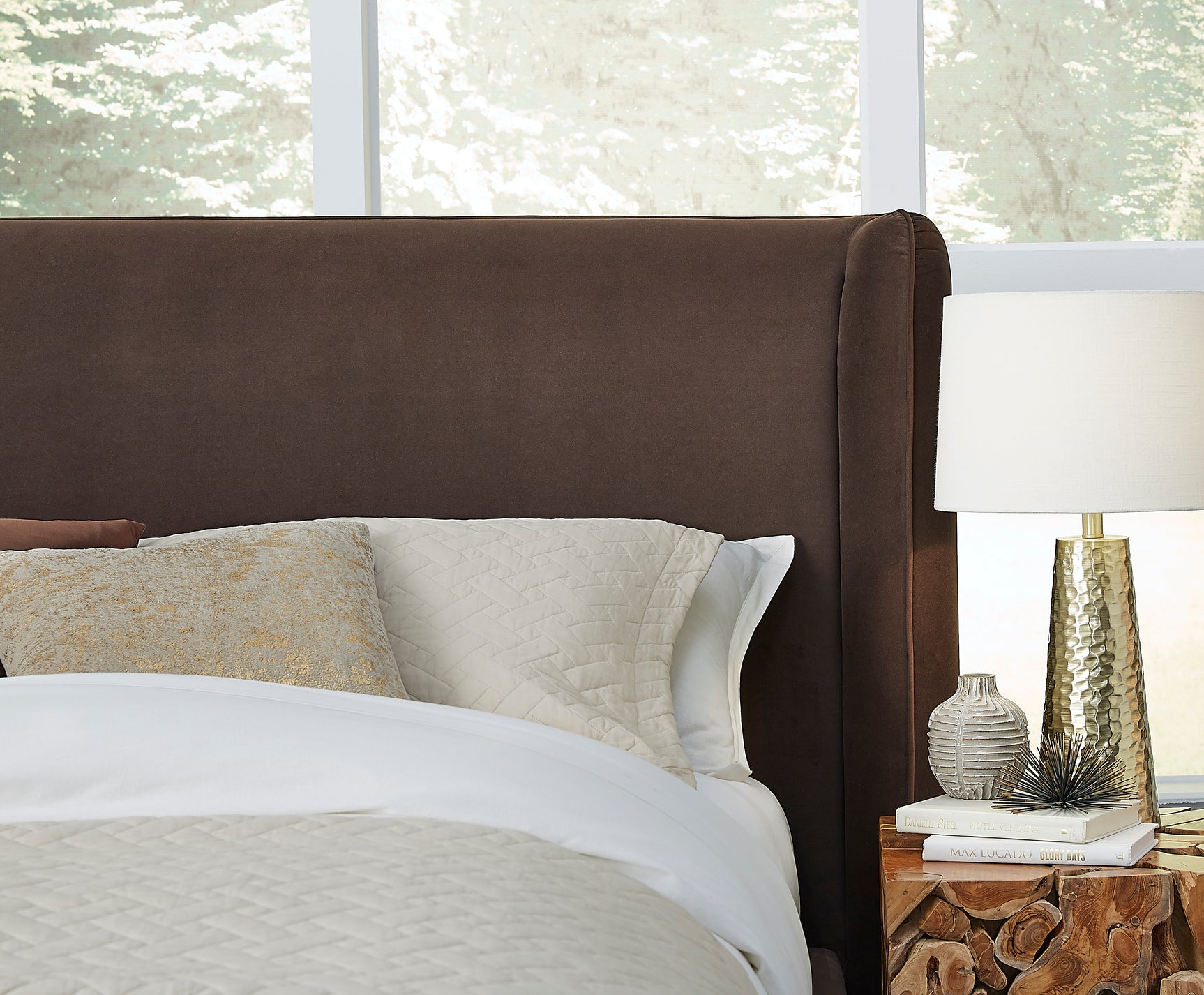 Bacall Velvet Eastern King Upholstered Wingback Platform Bed in Cola - Ornate Home