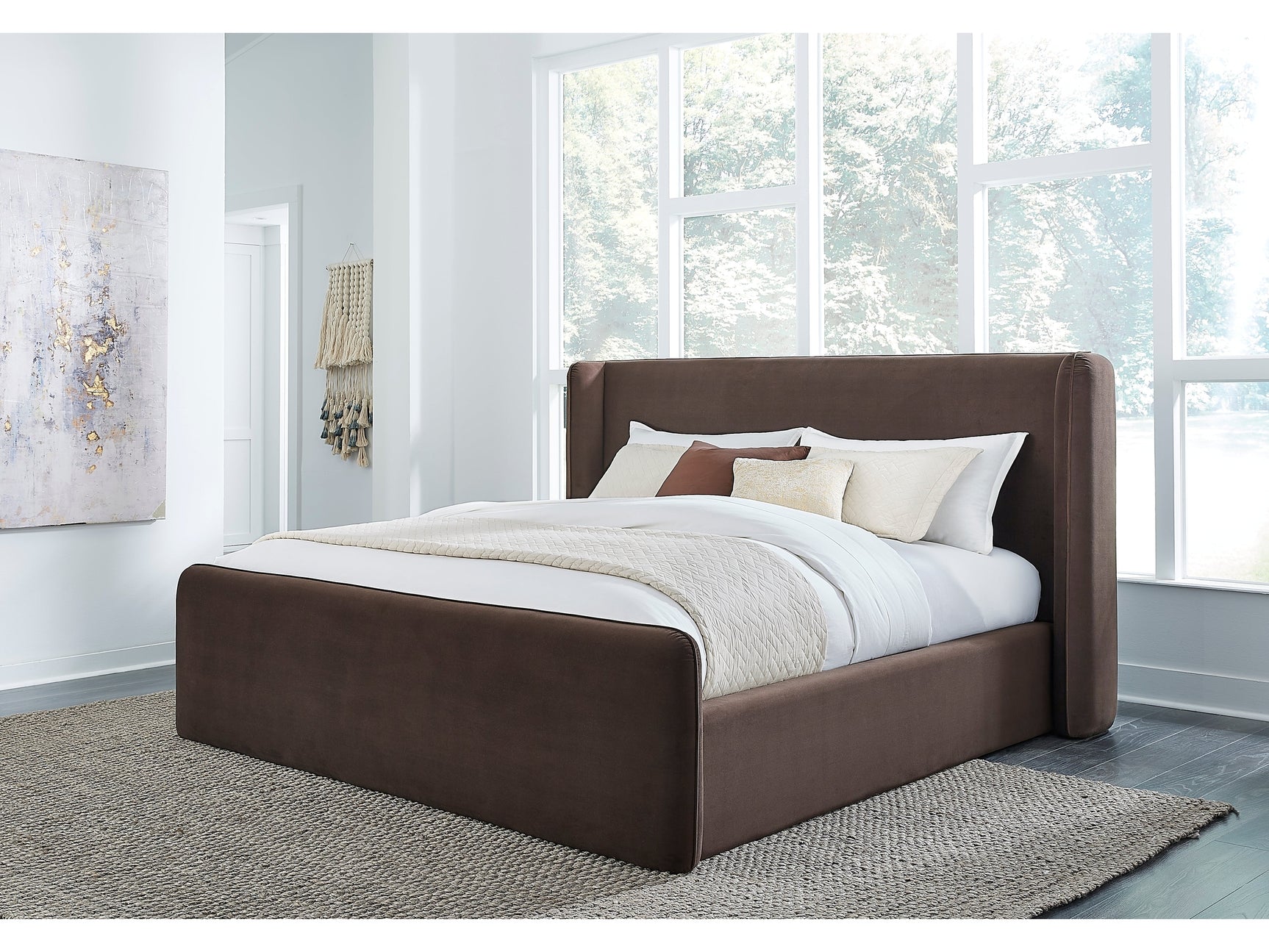 Bacall Velvet Queen Upholstered Wingback Platform Bed in Cola - Ornate Home