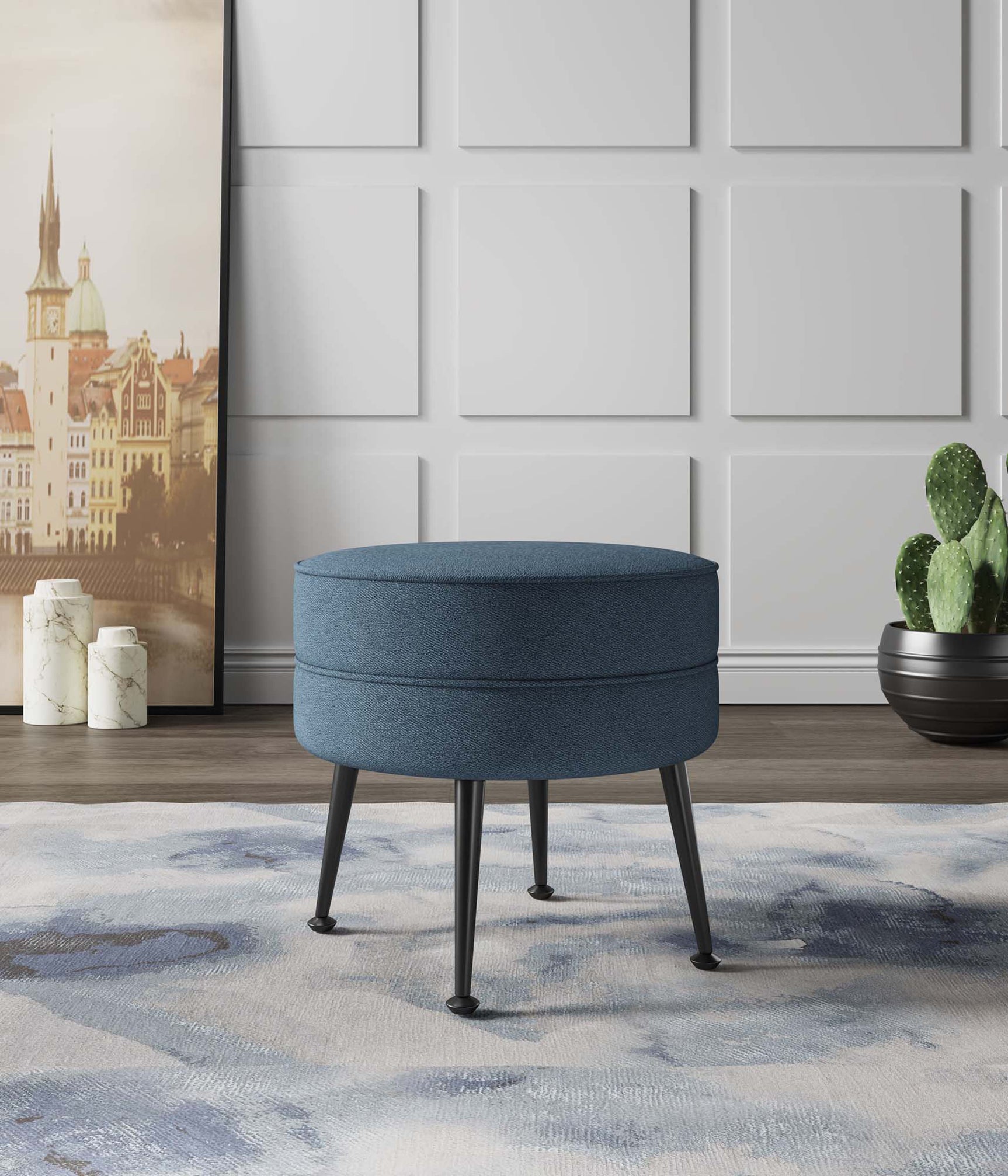 Bailey Ottoman in Blue with Black Feet - Ornate Home