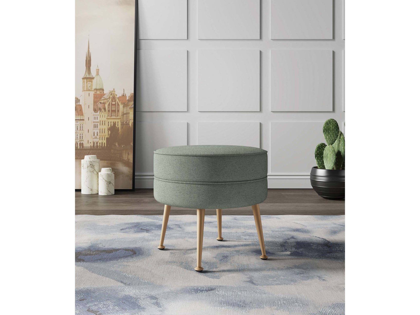 Bailey Ottoman in Sage Green with Gold Feet - Ornate Home