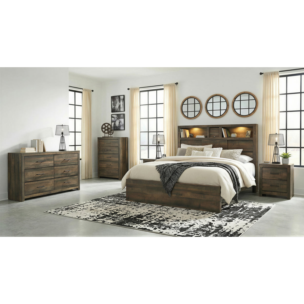 Bailey Walnut 5-Piece Queen Bookcase Panel Bedroom Set - Ornate Home