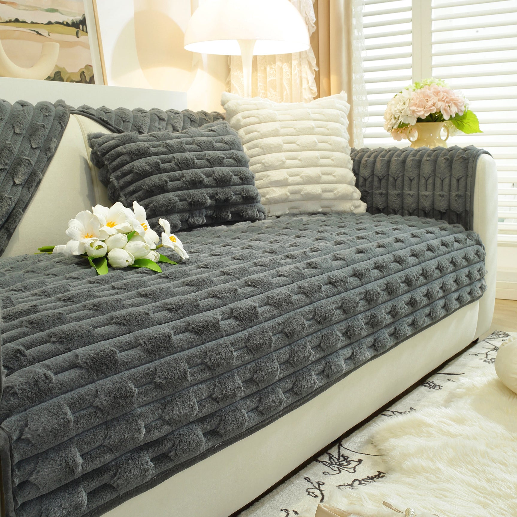 Bamboo-Style Sofa Towel, Faux Rabbit Fur Thickened Non-slip Seat Cushion Covers - Ornate Home