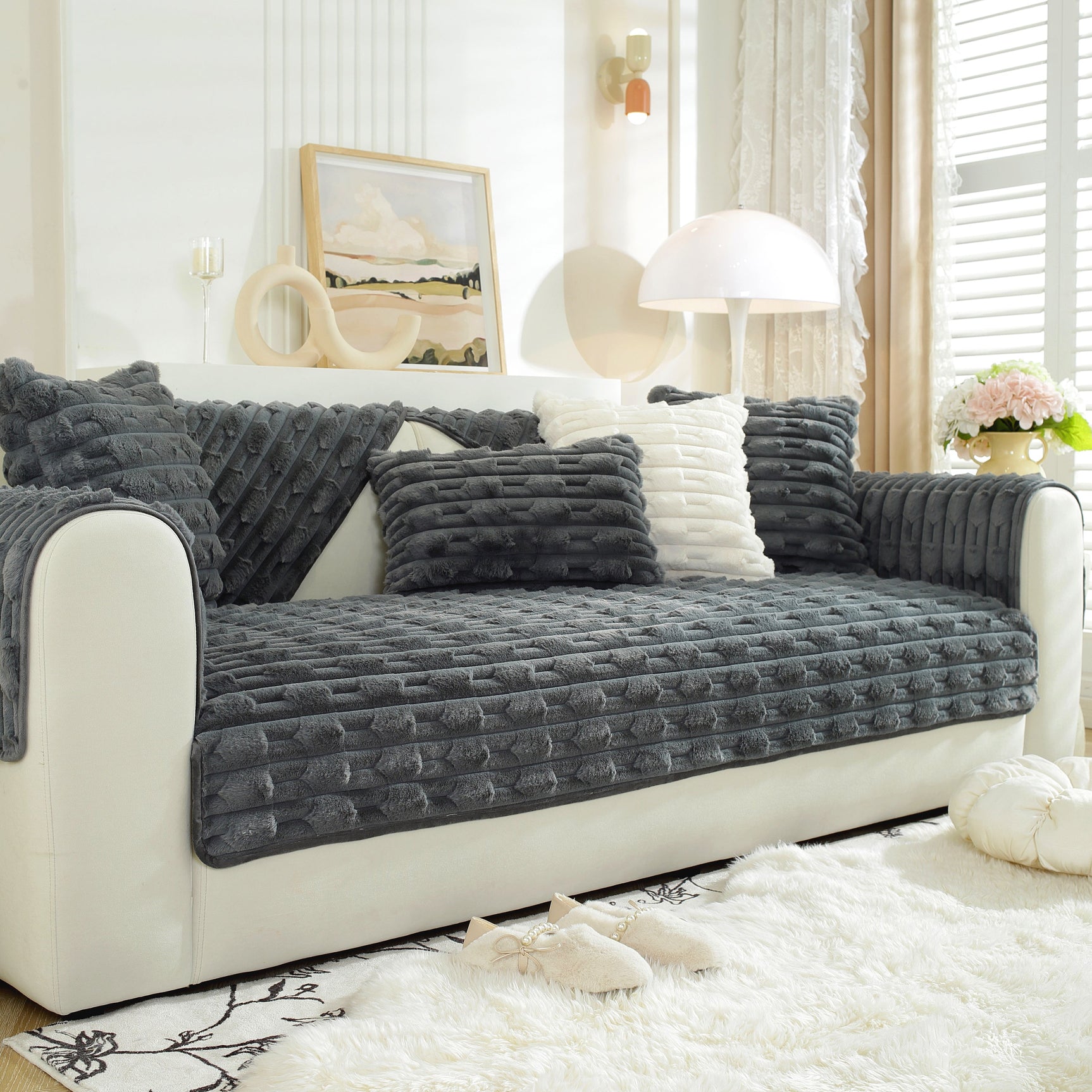 Bamboo-Style Sofa Towel, Faux Rabbit Fur Thickened Non-slip Seat Cushion Covers - Ornate Home