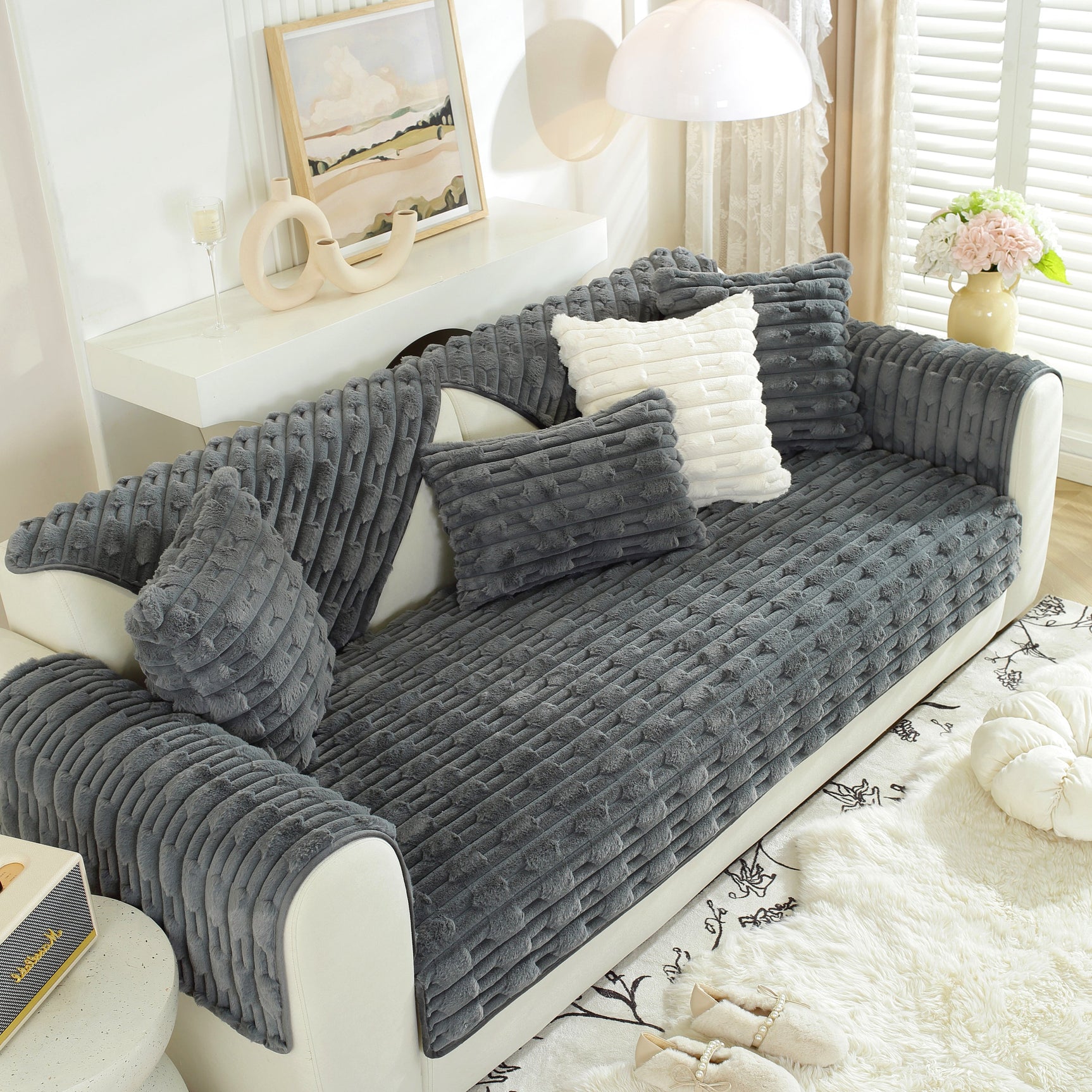 Bamboo-Style Sofa Towel, Faux Rabbit Fur Thickened Non-slip Seat Cushion Covers - Ornate Home
