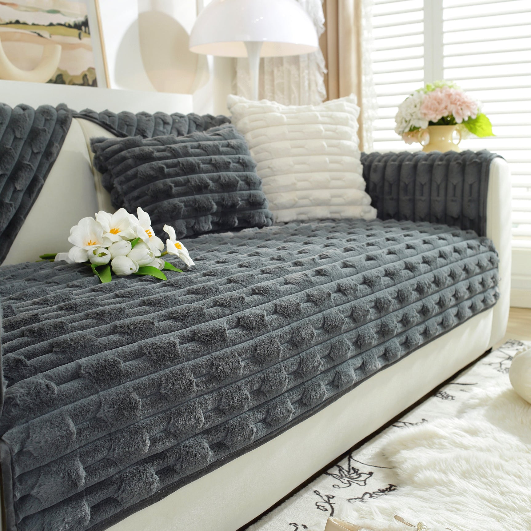 Bamboo-Style Sofa Towel, Faux Rabbit Fur Thickened Non-slip Seat Cushion Covers - Ornate Home