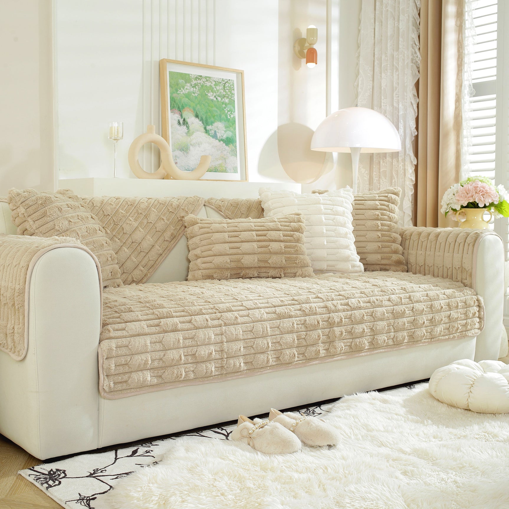 Bamboo-Style Sofa Towel, Faux Rabbit Fur Thickened Non-slip Seat Cushion Covers - Ornate Home