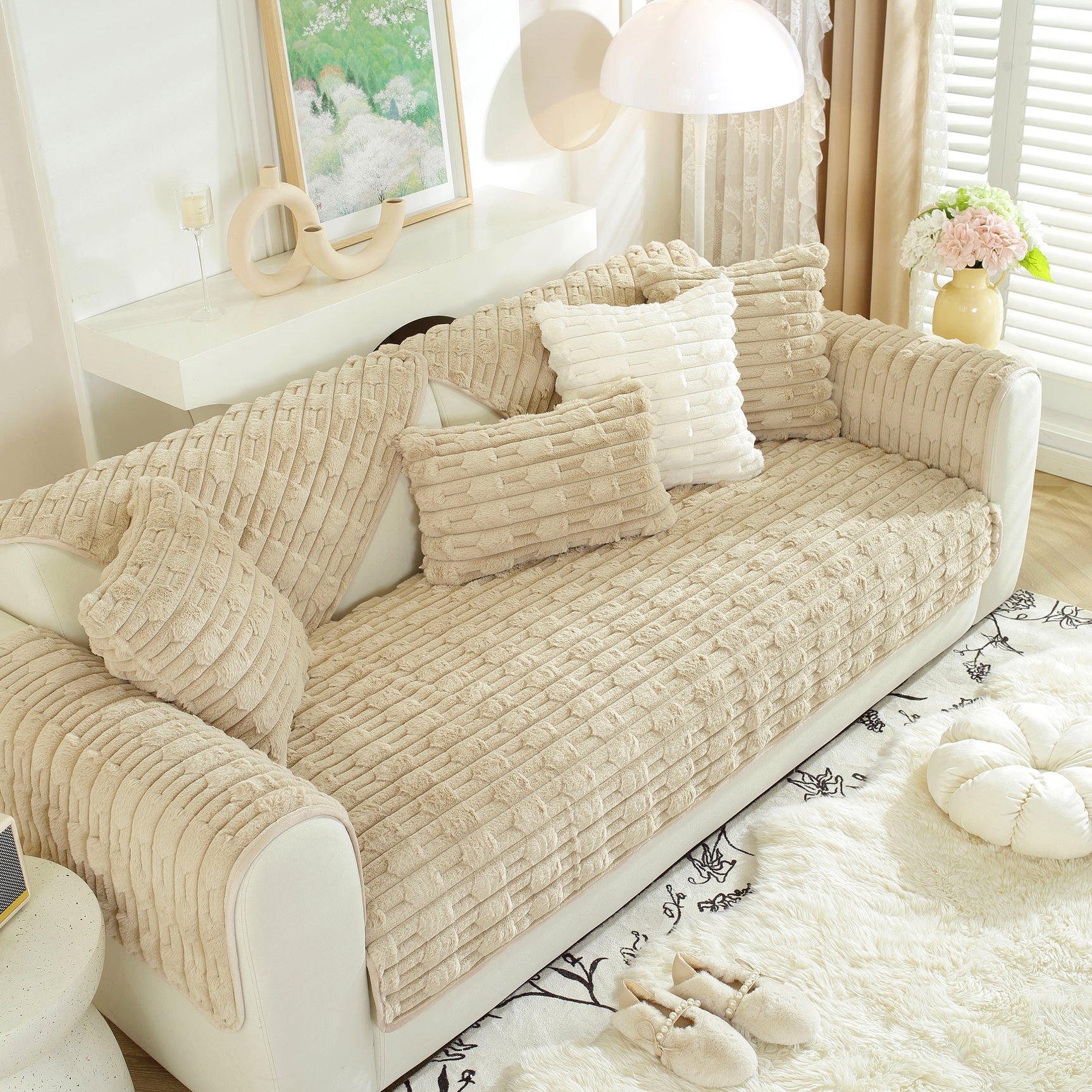 Bamboo-Style Sofa Towel, Faux Rabbit Fur Thickened Non-slip Seat Cushion Covers - Ornate Home
