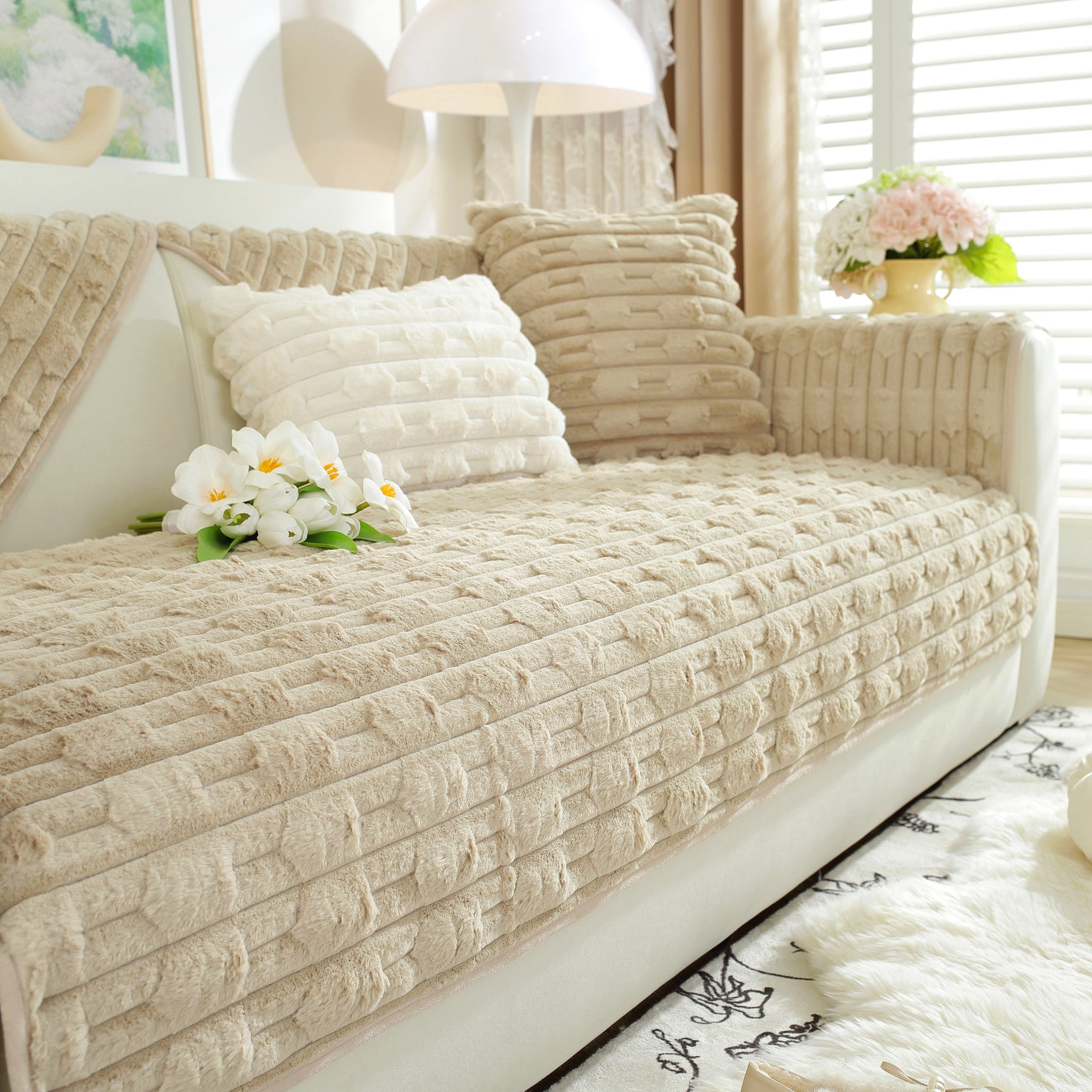Bamboo-Style Sofa Towel, Faux Rabbit Fur Thickened Non-slip Seat Cushion Covers - Ornate Home
