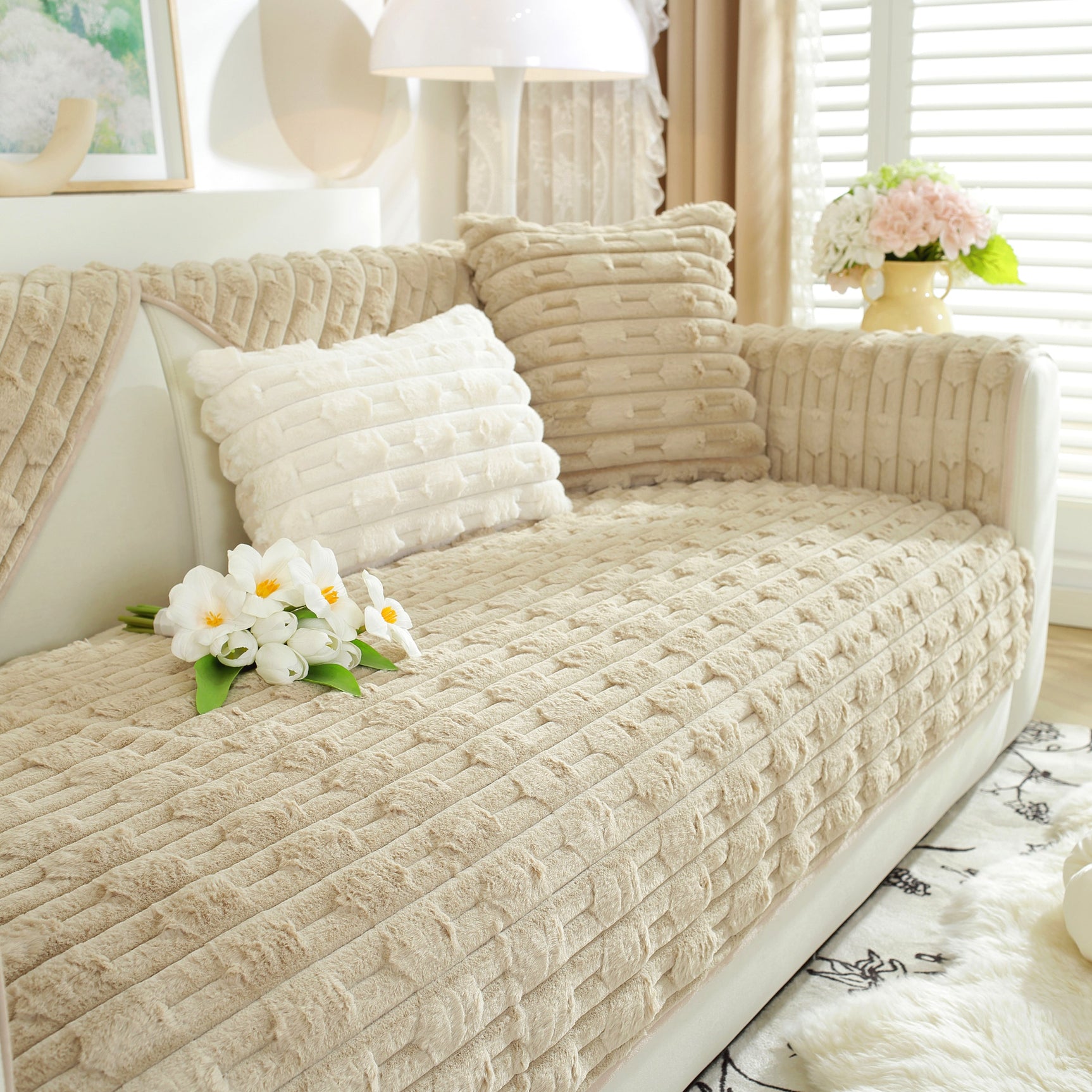 Bamboo-Style Sofa Towel, Faux Rabbit Fur Thickened Non-slip Seat Cushion Covers - Ornate Home