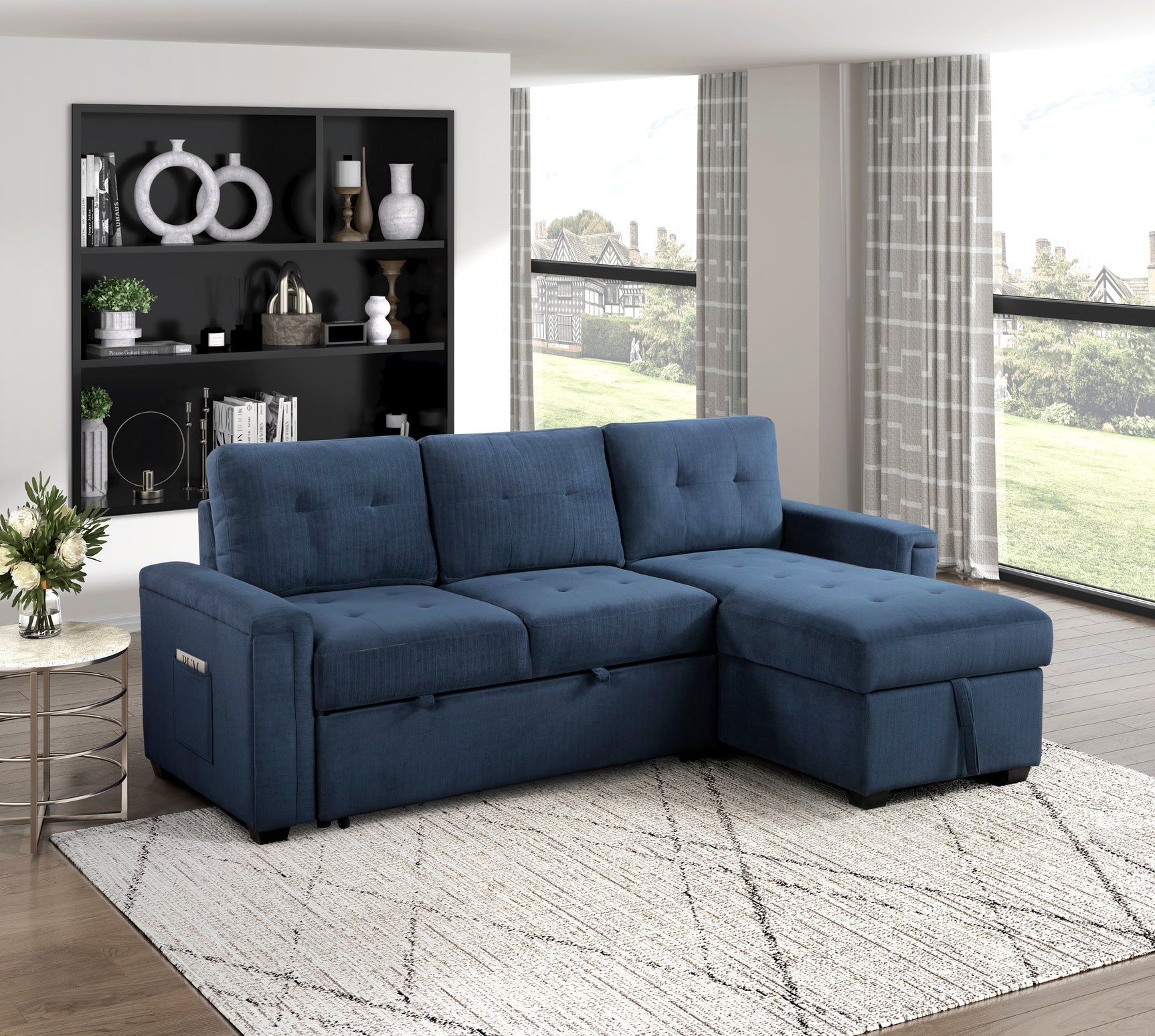 Barbara Blue Reversible Sectional with Pull-Out Bed - Ornate Home