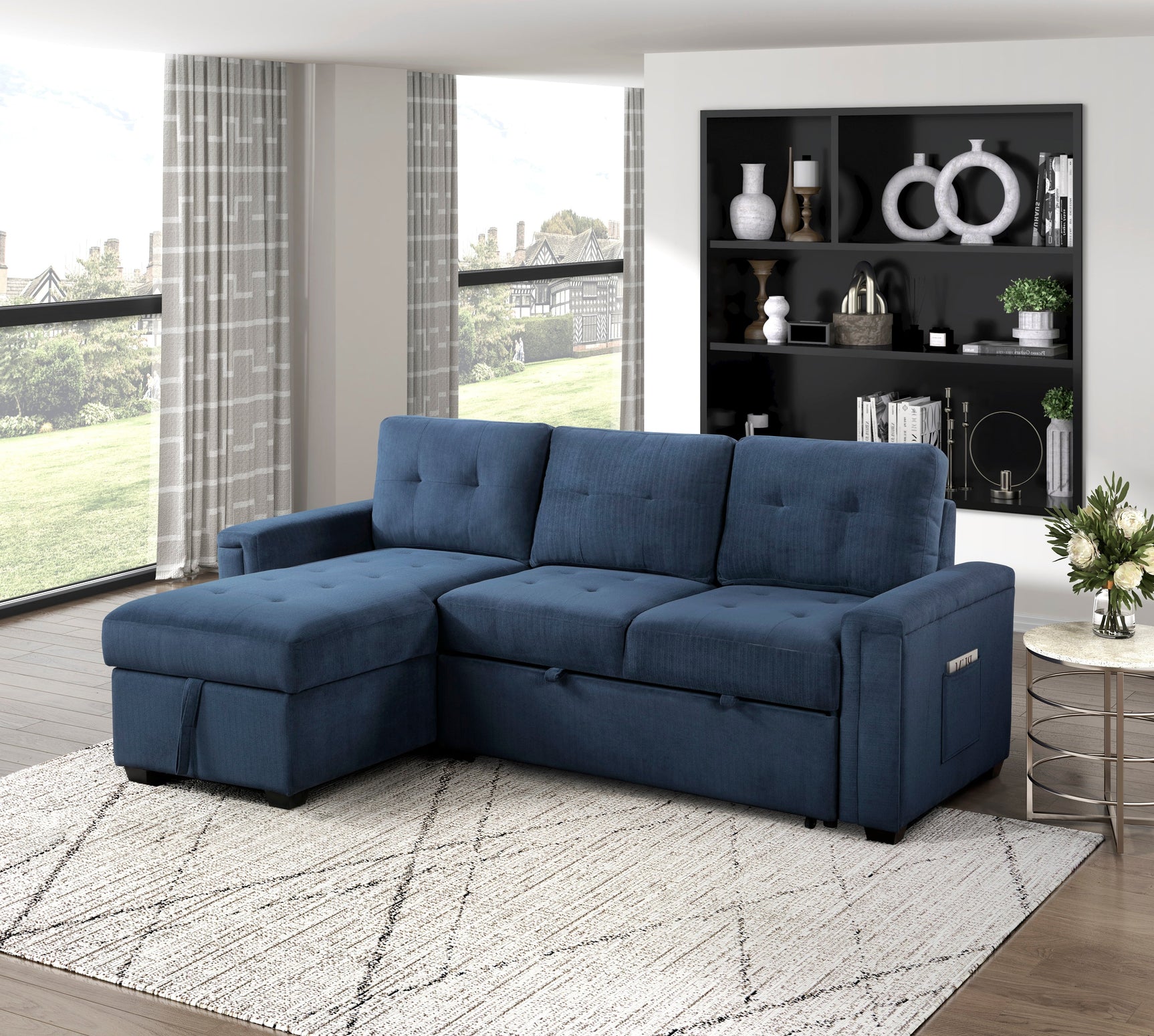 Barbara Blue Reversible Sectional with Pull-Out Bed - Ornate Home