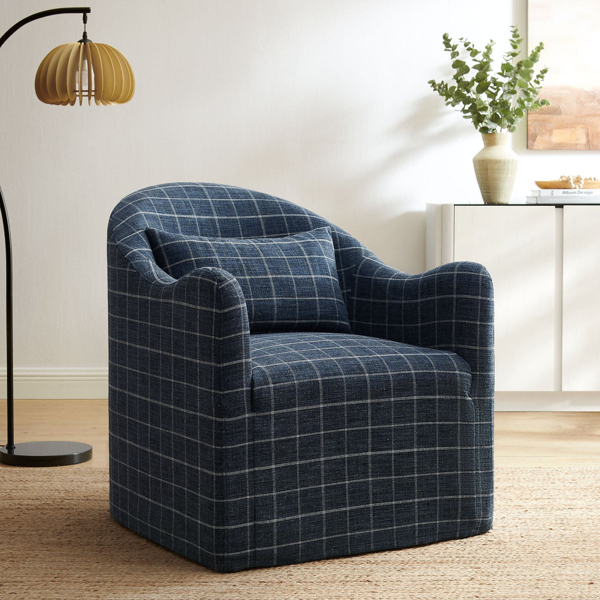Bardot Denim Windowpane Check Slipcovered Linen Blend Accent Chair - Ornate Home