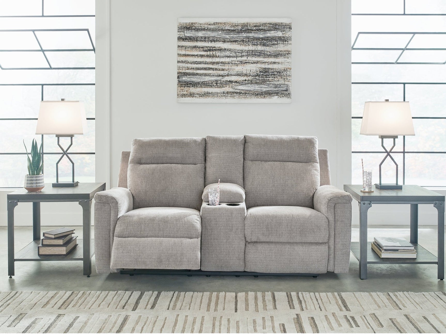Barnsana Ash Micro Chenille Power Reclining Loveseat w/ Console - Ornate Home