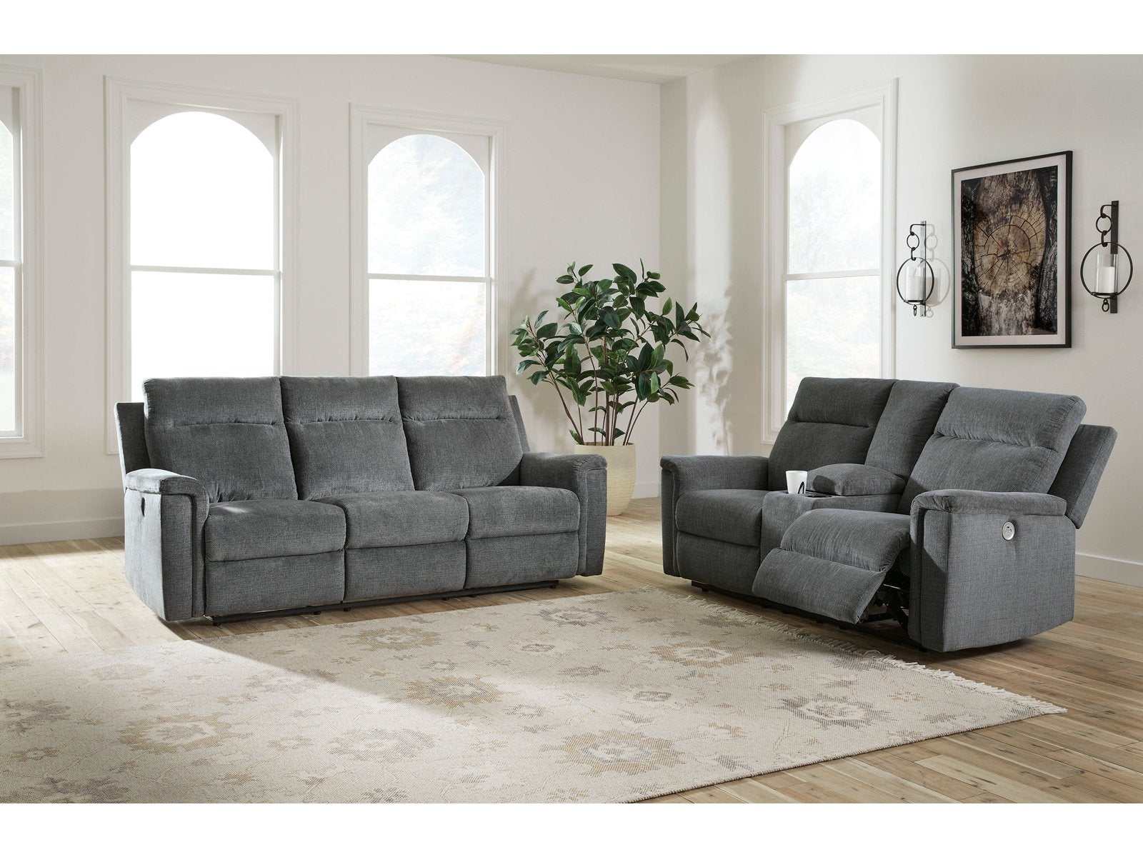 Barnsana Gravel Micro Chenille Power Reclining Living Room Set / 2pc (Online Special Price) - Ornate Home