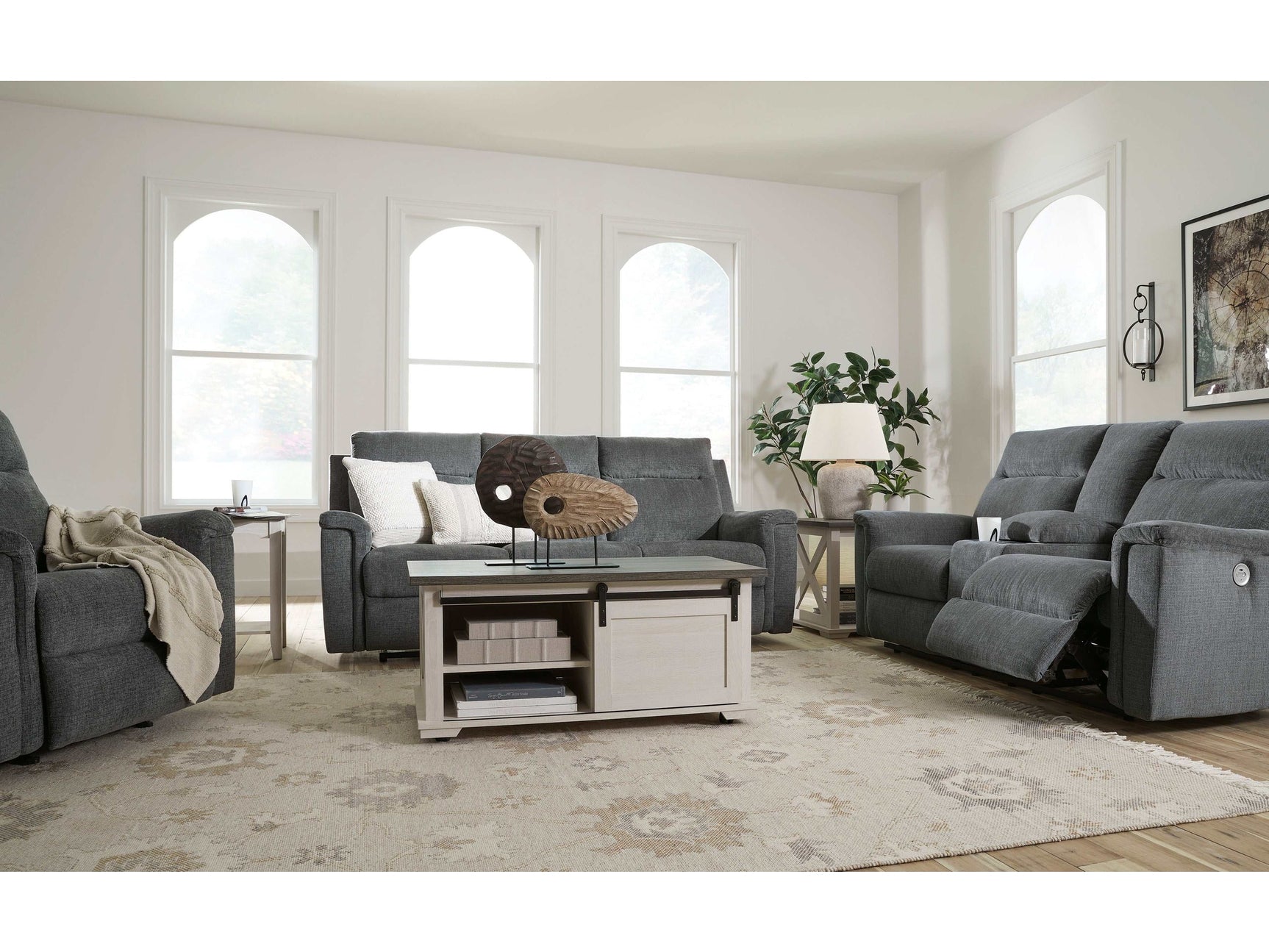 Barnsana Gravel Micro Chenille Power Reclining Living Room Set / 3pc - Ornate Home