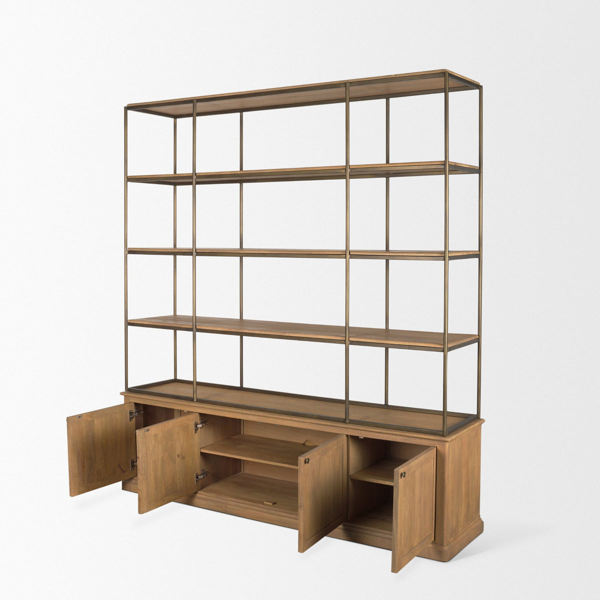 Baron Light Brown/Gunmetal 4-Door Wood Open Shelving Unit - Ornate Home