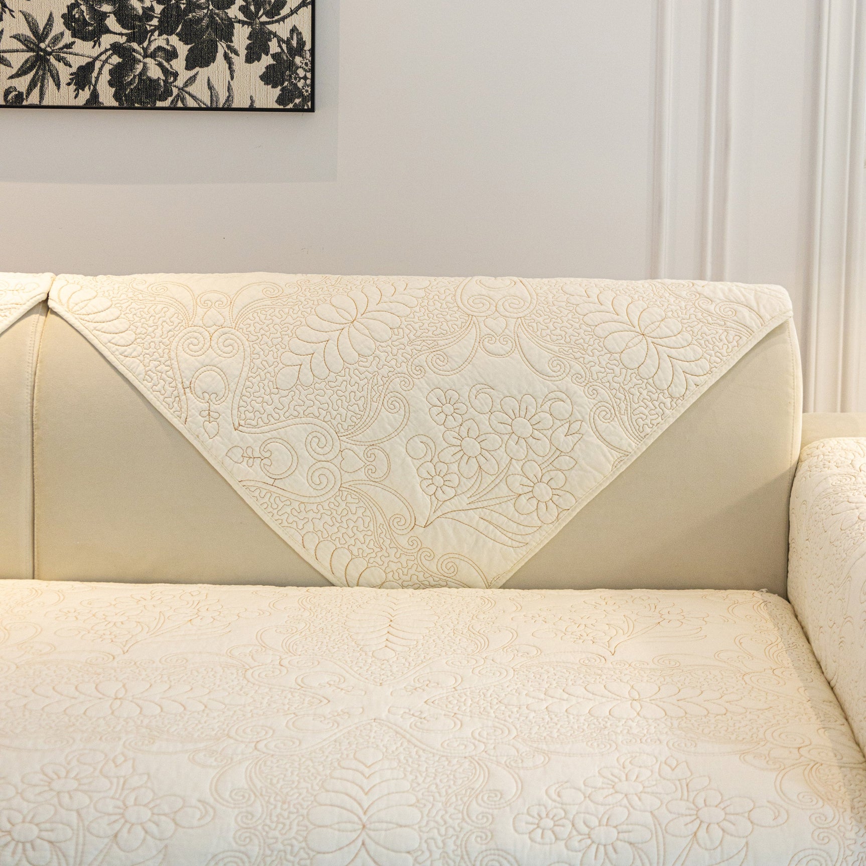 Baroque Floral Quilted Cotton Sofa Cover, Non-Slip Washable Couch Protector - Ornate Home