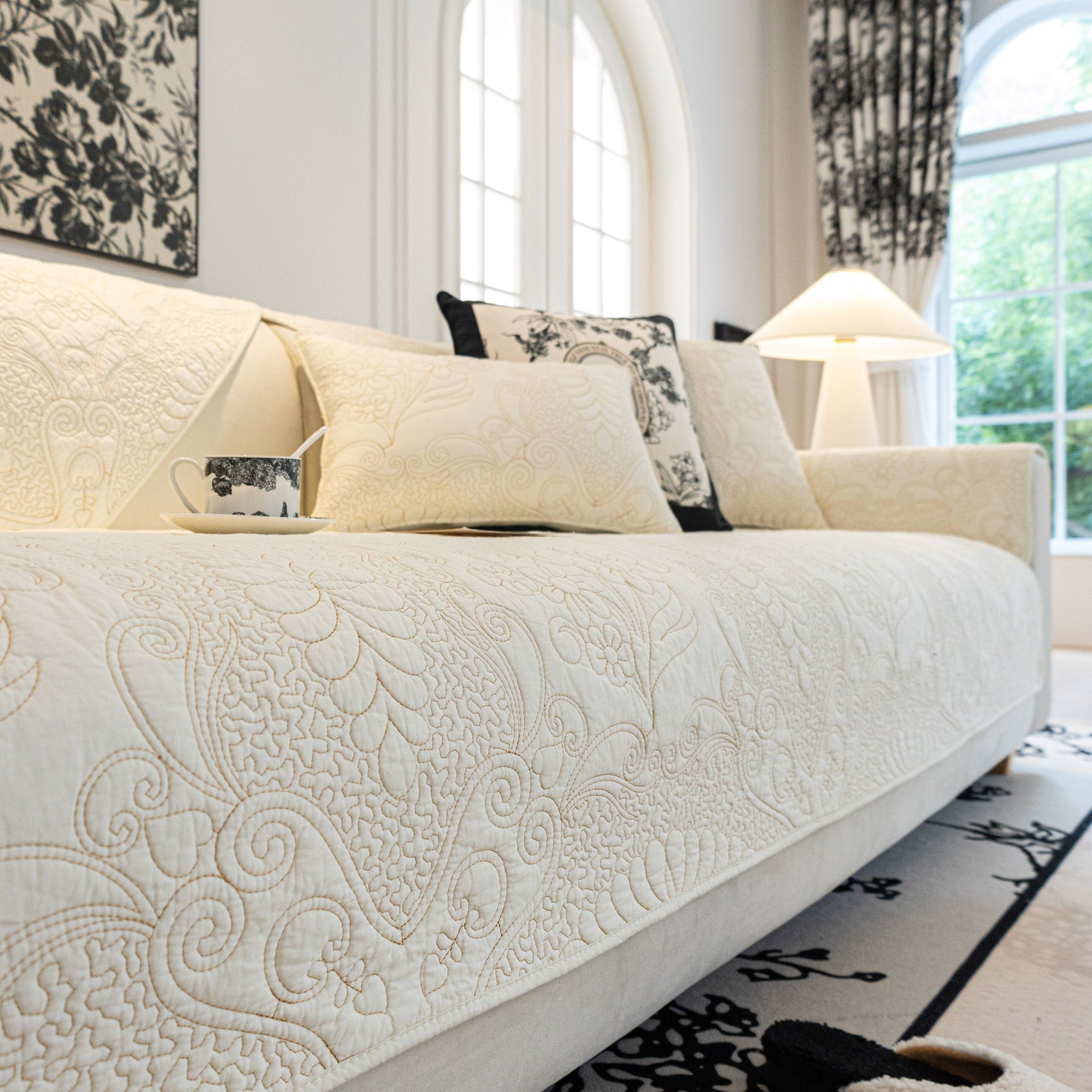 Baroque Floral Quilted Cotton Sofa Cover, Non-Slip Washable Couch Protector - Ornate Home