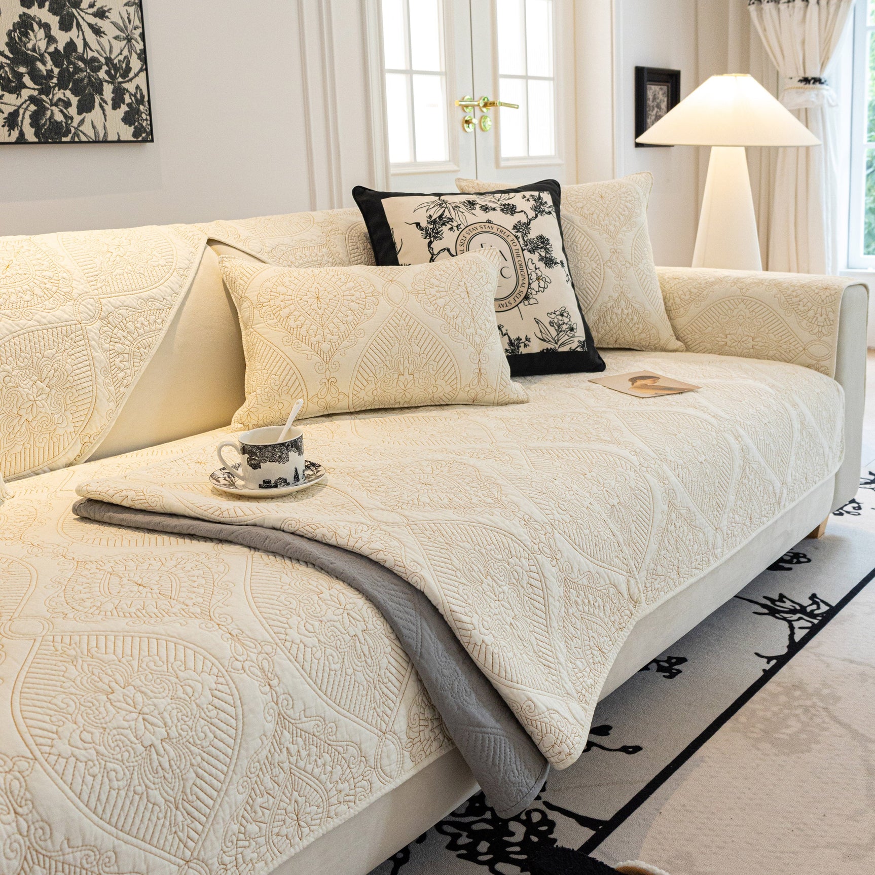 Baroque Sofa Cover – Quilted Cotton, Non-Slip, Washable with Ornate Embroidery - Ornate Home