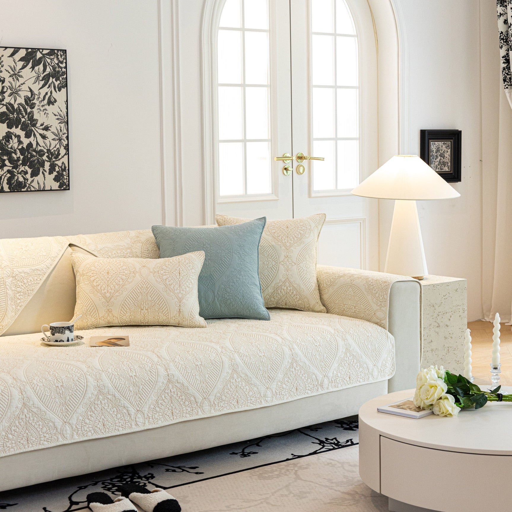 Baroque Sofa Cover – Quilted Cotton, Non-Slip, Washable with Ornate Embroidery - Ornate Home