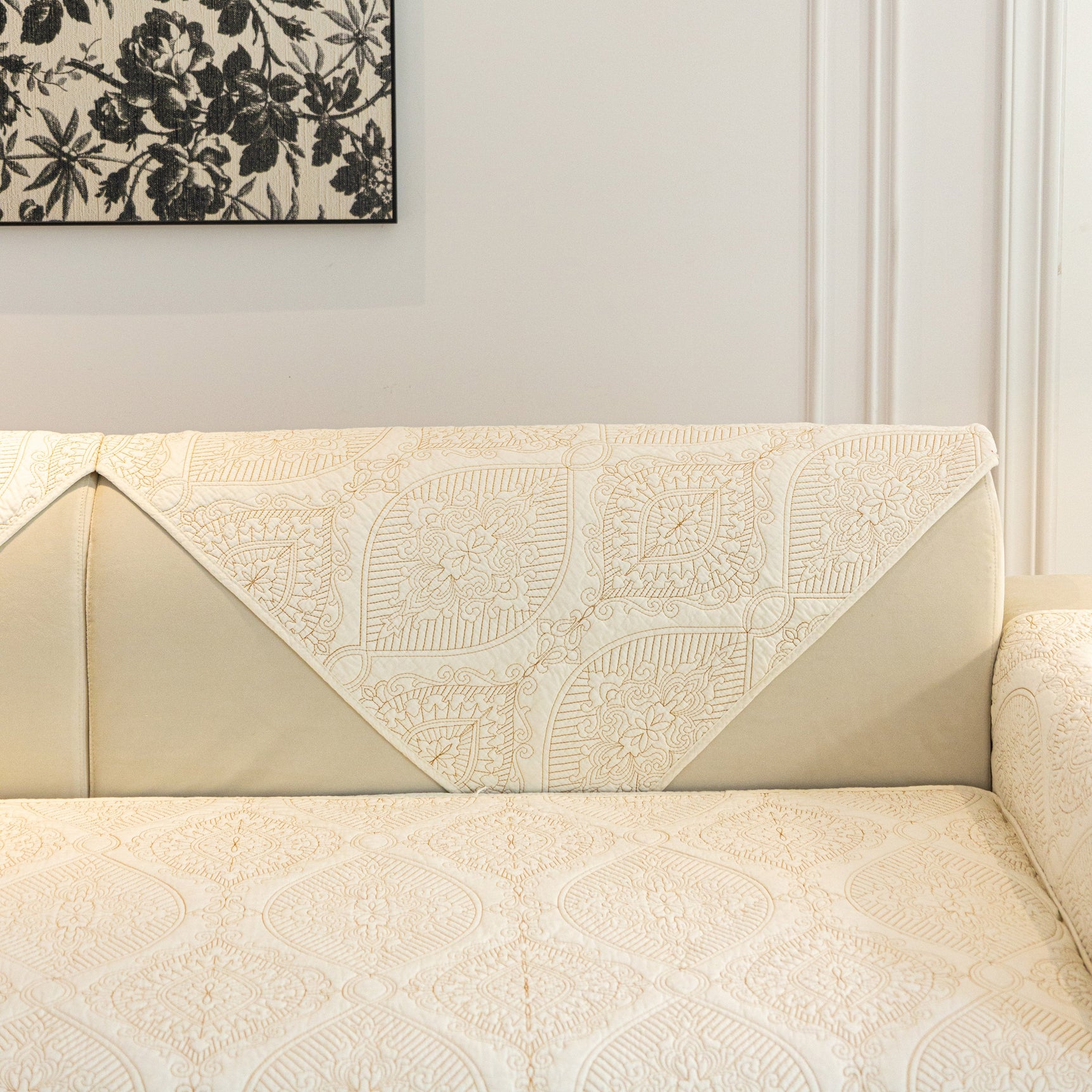 Baroque Sofa Cover – Quilted Cotton, Non-Slip, Washable with Ornate Embroidery - Ornate Home