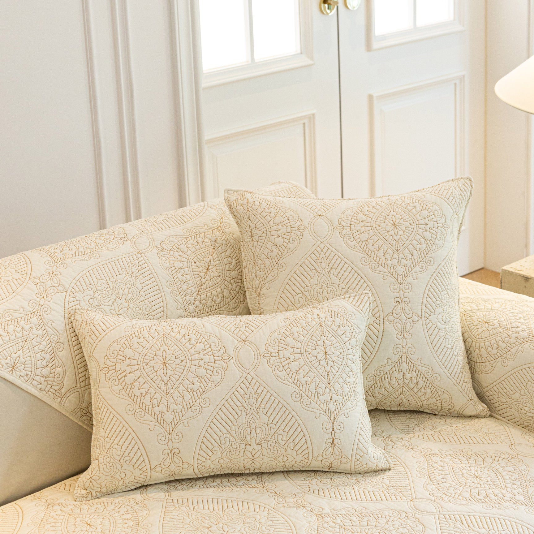 Baroque Sofa Cover – Quilted Cotton, Non-Slip, Washable with Ornate Embroidery - Ornate Home
