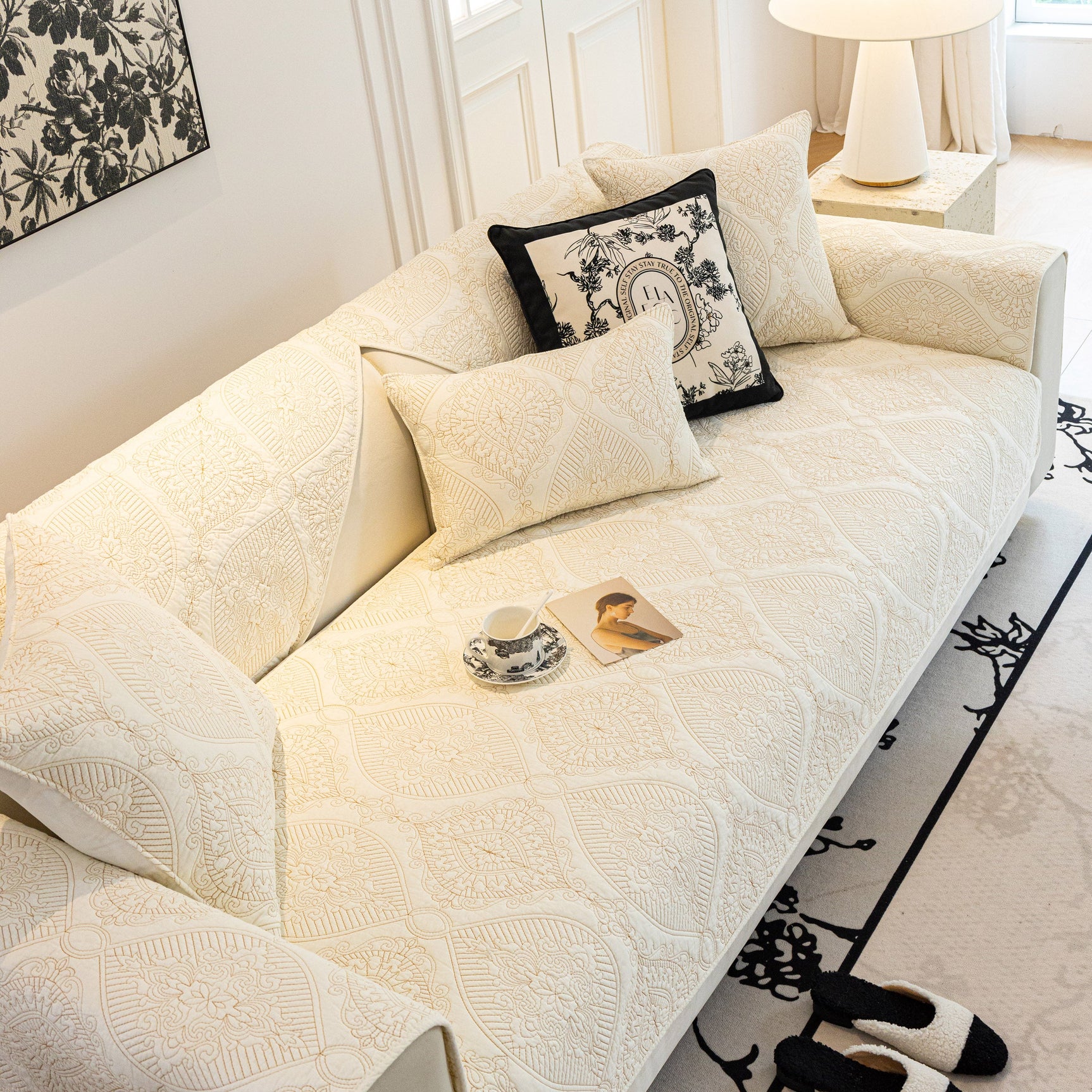 Baroque Sofa Cover – Quilted Cotton, Non-Slip, Washable with Ornate Embroidery - Ornate Home
