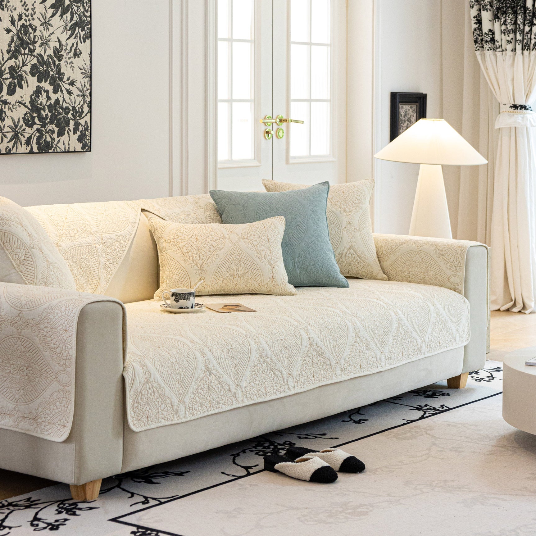 Baroque Sofa Cover – Quilted Cotton, Non-Slip, Washable with Ornate Embroidery - Ornate Home